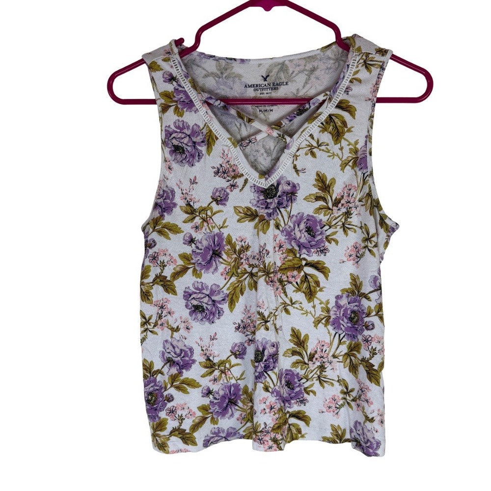 American Eagle‎ Tank Top Womens Medium White Purple Floral Lattice V-Neck Boho
